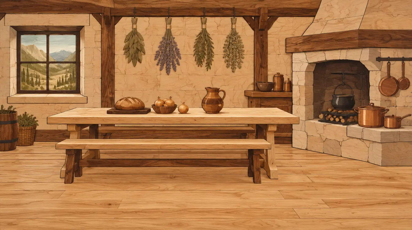 Panel intarsia: dapur belakang balai kota dengan meja panjang, roti dan bawang di atasnya, tungku batu di kanan, dan jendela ke lereng gunung.