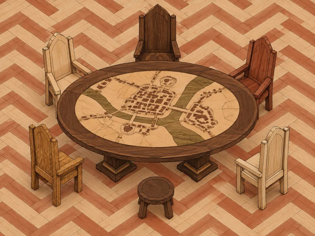 Panel intarsia: meja rapat bulat dari kayu walnut dengan peta kota di permukaannya, lima kursi berpunggung tinggi dari kayu berbeda, dan satu bangku kecil di depan untukmu.